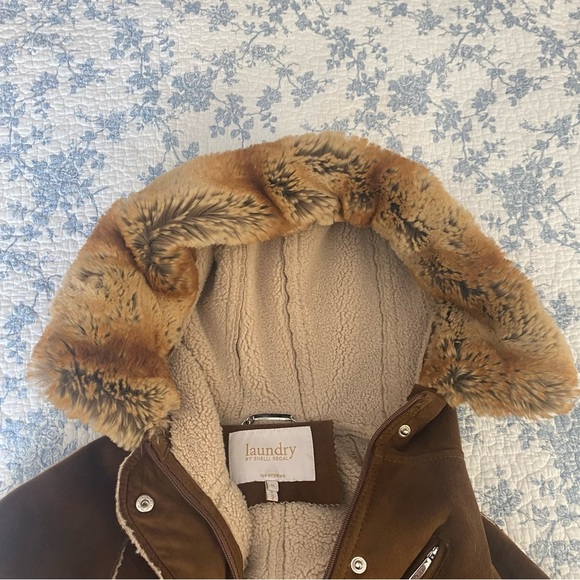 Laundry by Shelli Segal Los Angeles Suede Sherpa Lined Faux Fur Hood Brown Coat - Picture 10 of 11